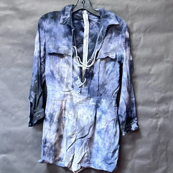 Topshop Romper Short Jumper Off-White Lace Up Club Size 6 Tie Dye Black - Picture 8 of 8